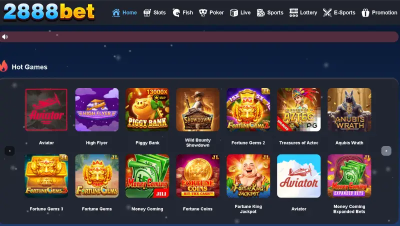 2888Bet game dashboard interface showing aviator fortune gems and mini games