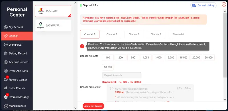 2888Bet game deposit withdraw panel showing easypaisa jazzcash payment methods