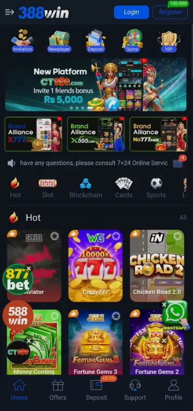 388win game platform dashboard showing games interface