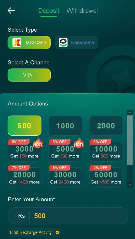 535 Game deposit panel showing Easypaisa and JazzCash payment methods