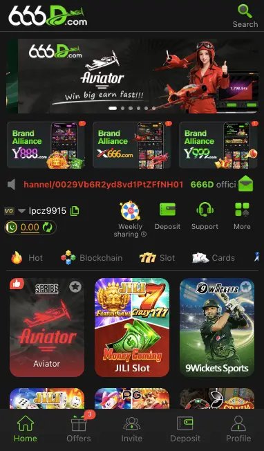 666D Game dashboard interface showing slot games and mini games