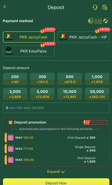 777XP Game deposit panel showing Easypaisa and JazzCash payment methods in Pakistan