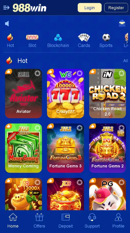 988win game dashboard showing mini games interface