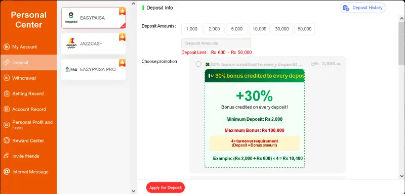 BET888 Game deposit panel showing Easypaisa JazzCash payment methods