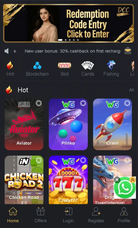 DCC66 Game dashboard interface showing slot games and earning options
