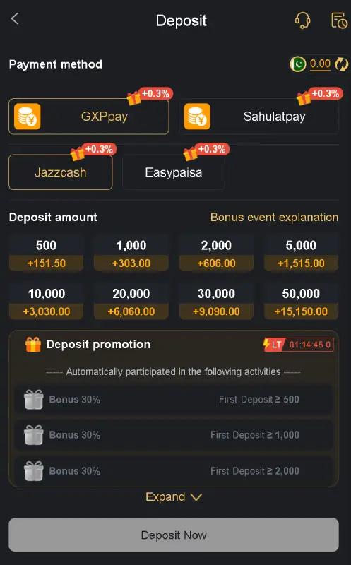 DCC66 Game deposit panel showing Easypaisa and JazzCash payment methods