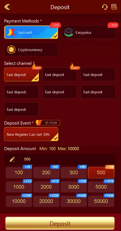 PakNew Game deposit withdraw panel showing Easypaisa JazzCash and cryptocurrency payment methods