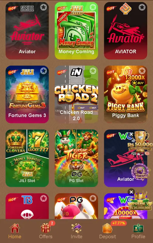 PKR656 Game dashboard interface showing slot games and mini games