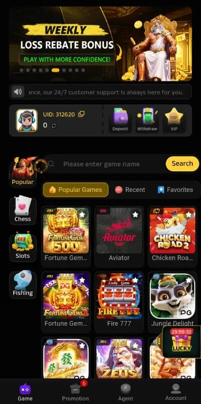 WdPak777 Game dashboard interface showing slot games and mini games