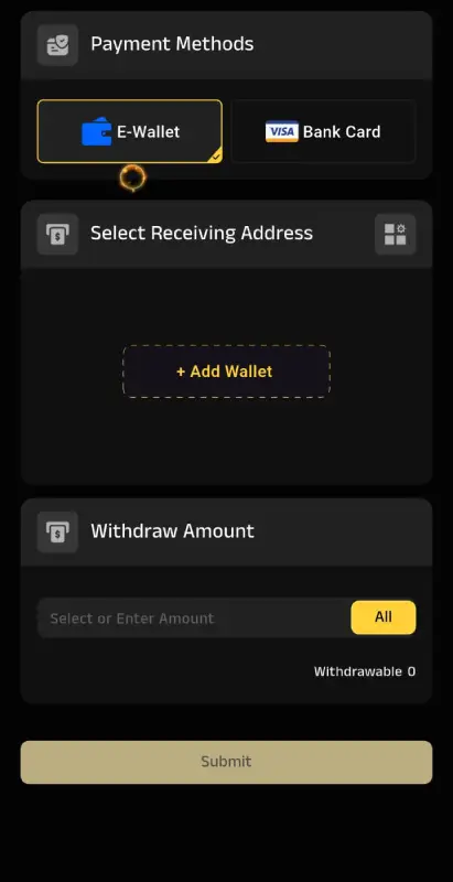 WdPak777 Game deposit panel showing E-Wallet and Bank Card payment methods